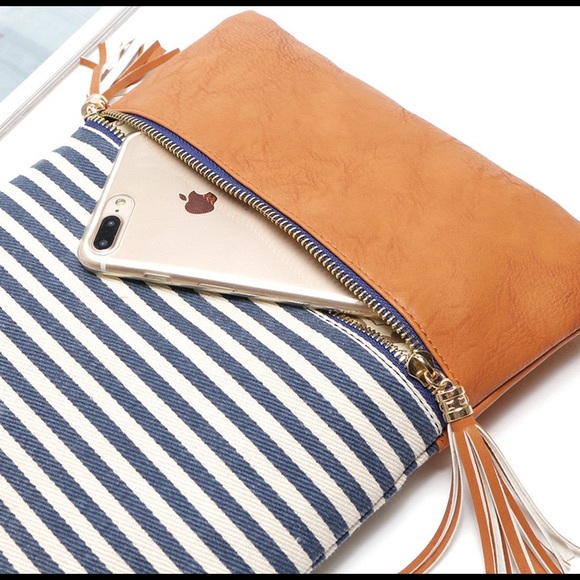 Navy Striped Cognac Faux Leather Crossbody Bag - Picture 10 of 12